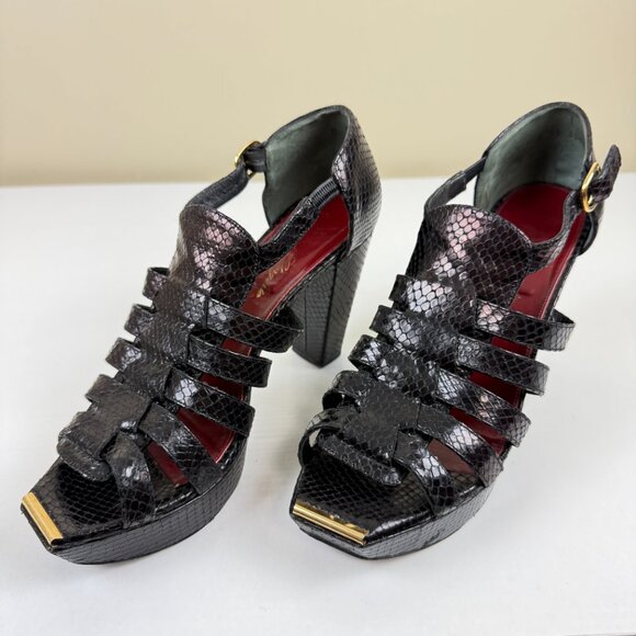 Robert Clergerie Gladiator Platform Heel Sandals In Black Snake Leather - Picture 1 of 12
